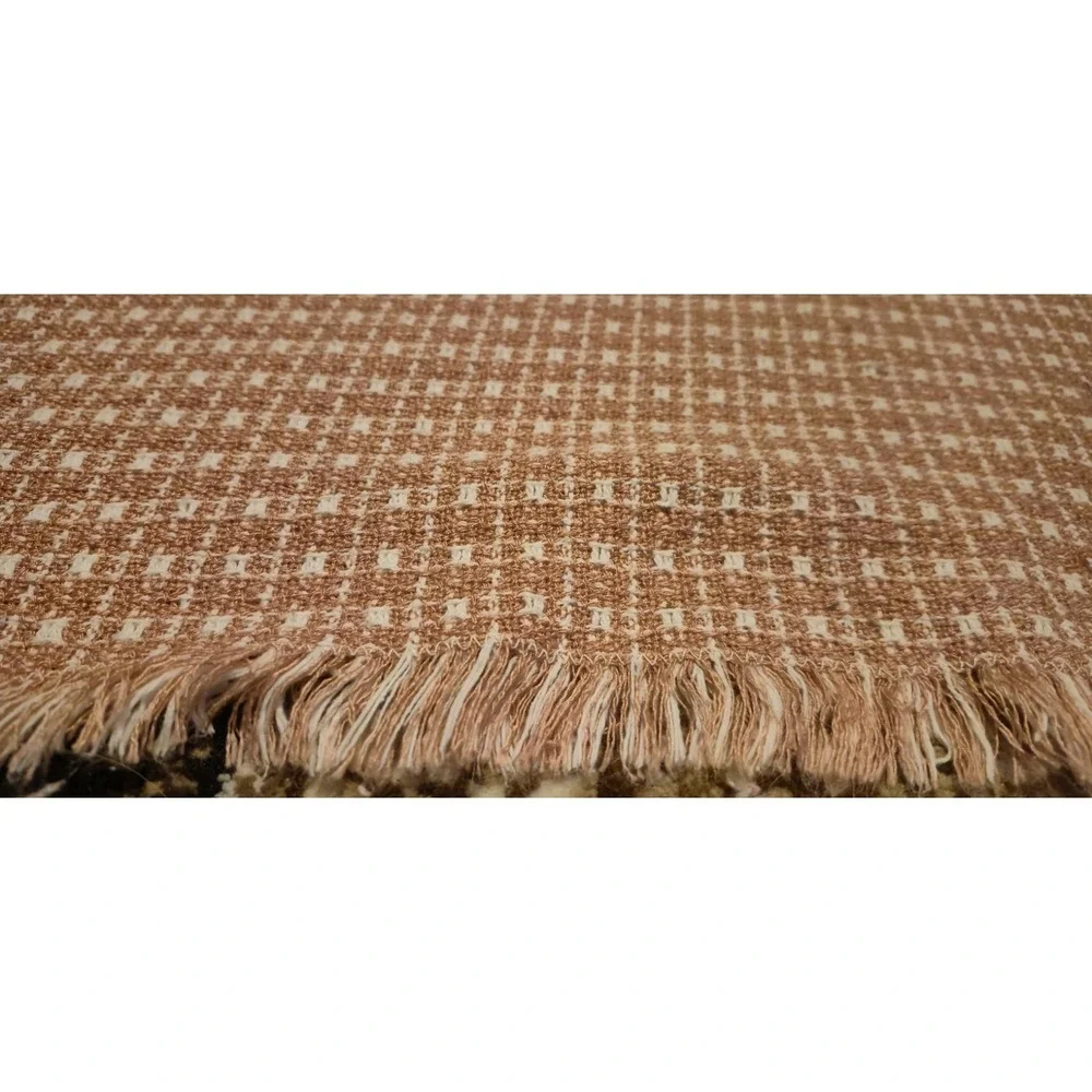 Vintage Woven Fringe Throw Blanket Tan Cream‎ Check 78x57 Boho Cottagecore
